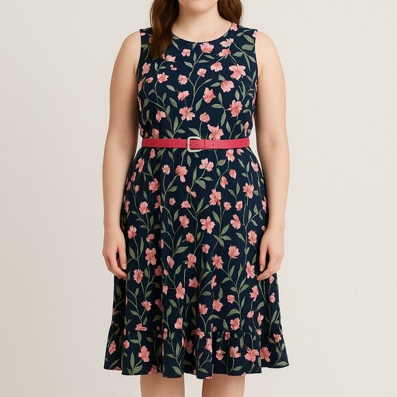 Tommy Hilfiger sz 14 Floral Sleeveless Dress with Pink Belt - Picture 1 of 11